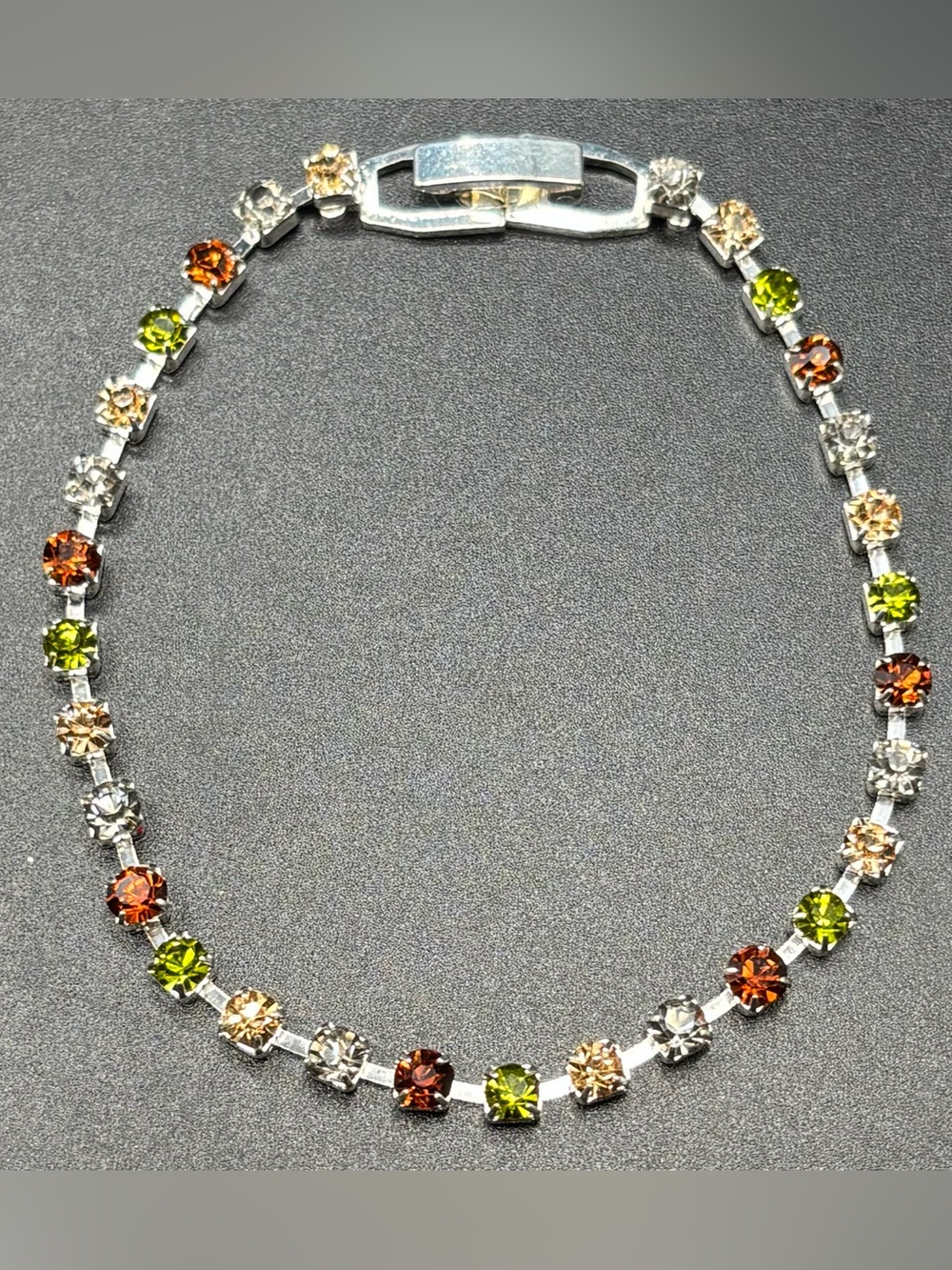Vintage Earthy Fall Color Rhinestone Tennis Bracelet 7" Silver Tone Snap Clasp